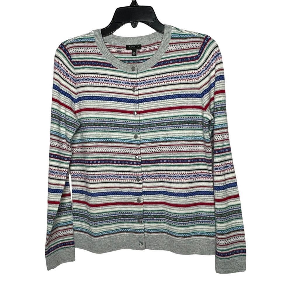 Talbots Fair Isle Lambswool Blend Striped Button Up Cardigan Size Small Petite